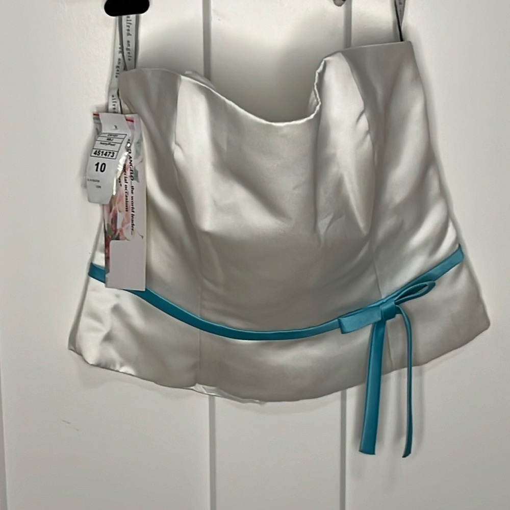 Alfred Angelo Boustier top in white with a teal ribbon size 10